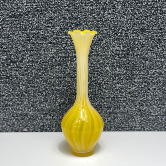 Vintage Other - Vintage Yellow White Swirl Glass Bud Vase Ruffled Scalloped Rim Hand Blown 10"